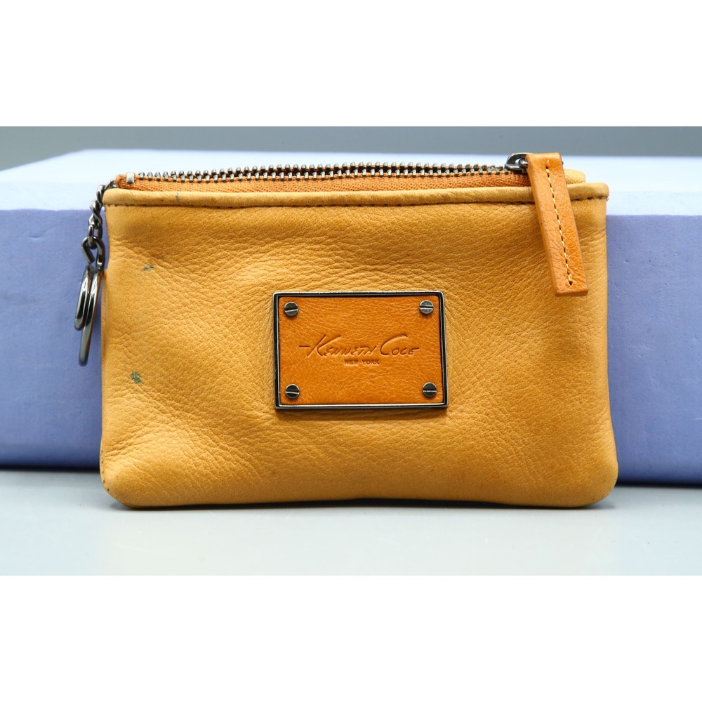 Kenneth Cole New York Mustard Yellow Leather Coin Purse Key Ring Pouch RN81633